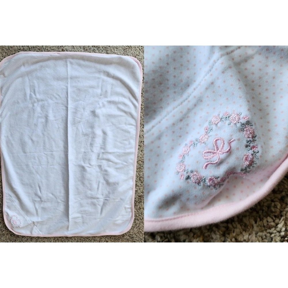 Little Me Thin Baby Girl Blanket White/Pink Polka Dot Flower Embroidery 30"x22"